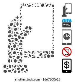 Dotted Mosaic based on hand holds smartphone. Mosaic vector hand holds smartphone is composed with randomized oval elements. Bonus icons are added.