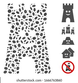 Dotted Mosaic based on happy fort tower. Mosaic vector happy fort tower is formed with randomized elliptic items. Bonus icons are added.