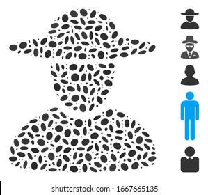 Dotted Mosaic based on hat man. Mosaic vector hat man is designed with randomized oval items. Bonus icons are added.