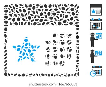 Dotted Mosaic based on holiday calendar. Mosaic vector holiday calendar is composed with randomized elliptic items. Bonus icons are added.