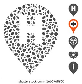 Dotted Mosaic based on hospital letter marker. Mosaic vector hospital letter marker is designed with random ellipse items. Bonus icons are added.
