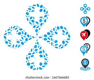 Dotted Mosaic based on hospital map markers. Mosaic vector hospital map markers is composed with scattered oval spots. Bonus icons are added.