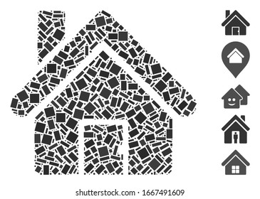 Dotted Mosaic based on house. Mosaic vector house is composed with randomized rectangular spots. Bonus icons are added.