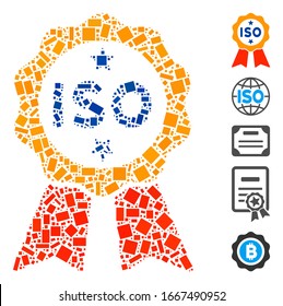 Dotted Mosaic based on ISO certified. Mosaic vector ISO certified is created with scattered rectangular elements. Bonus icons are added.