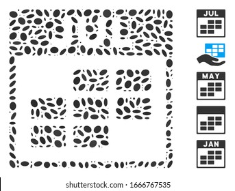 Dotted Mosaic based on July calendar grid. Mosaic vector July calendar grid is designed with randomized elliptic spots. Bonus icons are added.