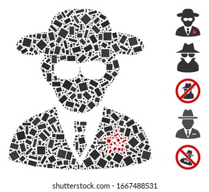 Mosaico distorsionado basado en el espía de la KGB. El espía KGB vector mosaico está diseñado con puntos de rectángulo dispersos. Se agregan iconos de bonificación.