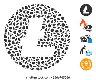 Dotted Mosaic based on Litecoin coin. Mosaic vector Litecoin coin is composed with randomized elliptic items. Bonus icons are added.