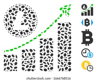 Mosaico distorsionado basado en la tendencia de crecimiento de Litecoin. La tendencia del gráfico de cultivo de la liecoína vector mosaico está diseñada con elementos ovales aleatorizados. Se agregan iconos de bonificación.