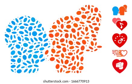 Dotted Mosaic based on lovers kiss. Mosaic vector lovers kiss is created with random ellipse items. Bonus icons are added.