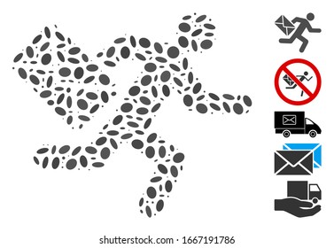 Dotted Mosaic based on mail courier. Mosaic vector mail courier is composed with randomized elliptic items. Bonus icons are added.