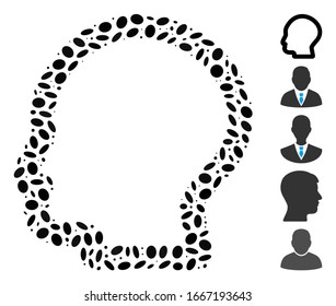 Dotted Mosaic based on man profile. Mosaic vector man profile is formed with random ellipse dots. Bonus icons are added.