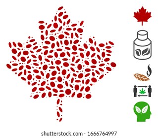 Dotted Mosaic based on maple leaf. Mosaic vector maple leaf is designed with randomized oval elements. Bonus icons are added.