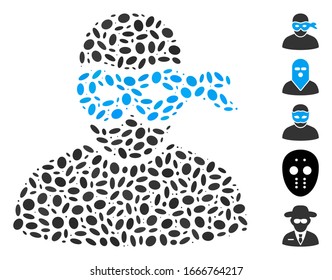 Dotted Mosaic basiert auf maskierten Dieb. Die mosaikanische Vektorillustration maskierte Dieb bildet sich mit randomisierten ovalen Punkten. Bonussymbole werden hinzugefügt.
