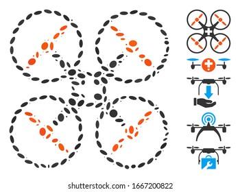 Mosaico distorsionado basado en drones médicos. El dron médico vector mosaico se crea con puntos elípticos aleatorizados. Se agregan iconos de bonificación.
