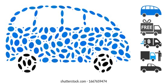 Dotted Mosaic based on minibus. Mosaic vector minibus is created with scattered ellipse spots. Bonus icons are added.