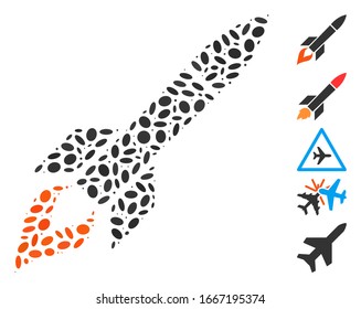Dotted Mosaic auf der Grundlage des Flugkörperflugs. Der Raketenflug der Mosaik-Vektorillustration wird mit randomisierten elliptischen Gegenständen gebildet. Bonussymbole werden hinzugefügt.