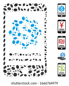 Dotted Mosaic based on mobile bank options. Mosaic vector mobile bank options is composed with scattered elliptic items. Bonus icons are added.