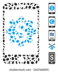 Dotted Mosaic based on mobile bank setup. Mosaic vector mobile bank setup is designed with randomized elliptic dots. Bonus icons are added.