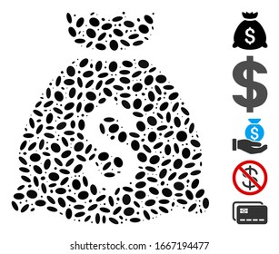 Dotted Mosaic based on money bag. Mosaic vector money bag is composed with randomized oval items. Bonus icons are added.
