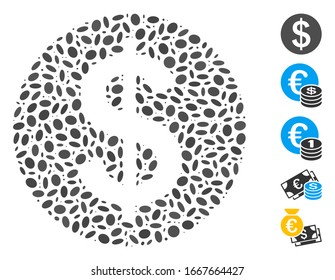 Dotted Mosaic based on money. Mosaic vector money is created with scattered ellipse elements. Bonus icons are added.