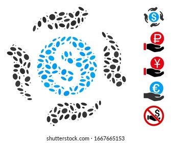 Dotted Mosaic based on money care hands. Mosaic vector money care hands is formed with randomized ellipse items. Bonus icons are added.