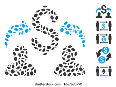 Dotted Mosaic based on money changers. Mosaic vector money changers is designed with randomized oval dots. Bonus icons are added.