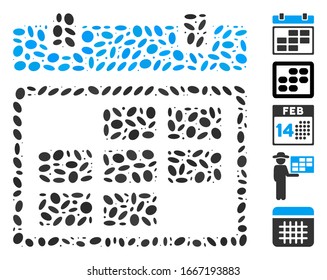 Mosaico trazado basado en el calendario del mes. El calendario mensual vectorial mosaico se crea con puntos de elipse aleatorios. Se agregan iconos de bonificación.