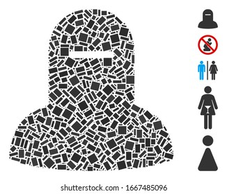 Mosaico distorsionado basado en el hiyab musulmán. El hiyab mosaico vector está diseñado con elementos rectangulares aleatorizados. Se agregan iconos de bonificación.