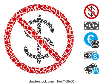 Dotted Mosaic based on no dollar currency. Mosaic vector no dollar currency is created with scattered rectangular items. Bonus icons are added.