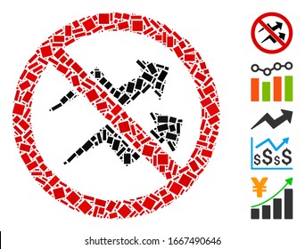 Dotted Mosaic based on no trend arrows. Mosaic vector no trend arrows is composed with random rectangular spots. Bonus icons are added.