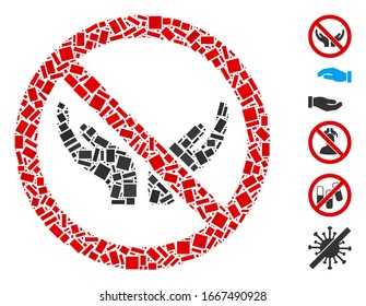 Mosaico distorsionado basado en manos sin cuidado. El vector mosaico no manos de cuidado está diseñado con elementos rectangulares aleatorios. Se agregan iconos de bonificación.