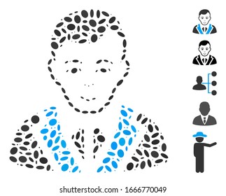 Mosaico despojado basado en noble caballero. El caballero noble vector mosaico está compuesto por objetos ovales al azar. Se agregan iconos de bonificación.
