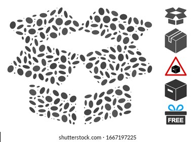 Dotted Mosaic based on open box. Mosaic vector open box is composed with random ellipse items. Bonus icons are added.