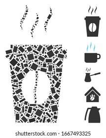 Dotted Mosaik auf Papier Kaffeetasse. Die Mosaik Vektorillustration Papier Kaffeetasse ist mit verstreuten Rechteckpunkten konzipiert. Bonussymbole werden hinzugefügt.