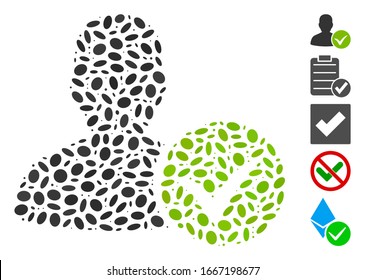 Mosaico marcado basado en el paciente OK. El paciente vector mosaico OK está compuesto por puntos elípticos aleatorios. Se agregan iconos de bonificación.