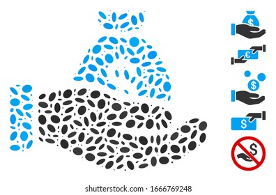 Dotted Mosaic based on payment hand. Mosaic vector payment hand is composed with randomized elliptic elements. Bonus icons are added.