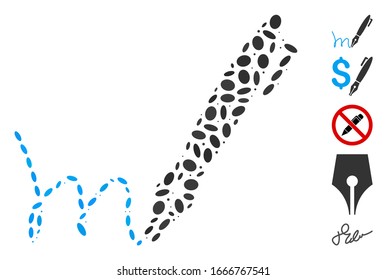 Dotted Mosaic based on pen signature. Mosaic vector pen signature is formed with random ellipse items. Bonus icons are added.