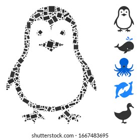 Dotted Mosaic based on penguin. Mosaic vector penguin is created with scattered rectangular dots. Bonus icons are added.