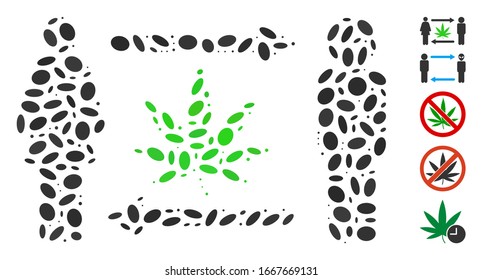 Mosaico distorsionado basado en el intercambio de cannabis. Los vectores de mosaico intercambian cannabis se compone de puntos ovales aleatorios. Se agregan iconos de bonificación.