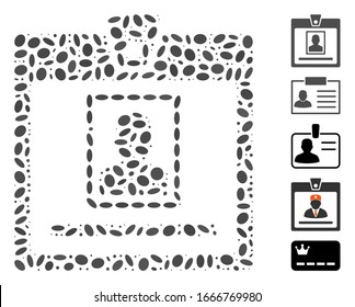 Mosaico distorsionado basado en la placa personal. La placa de persona vector mosaico está compuesta por elementos elípticos dispersos. Se agregan iconos de bonificación.