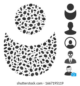 Dotted Mosaic basiert auf Person. Mosaik Vektorillustration Person wird mit zufälligen elliptischen Flecken erstellt. Bonussymbole werden hinzugefügt.