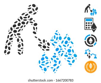 Dotted Mosaic based on person mining Ethereum. Mosaic vector person mining Ethereum is created with random ellipse dots. Bonus icons are added.