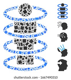 Dotted Mosaic based on person teleportation. Mosaic vector person teleportation is formed with scattered rectangular dots. Bonus icons are added.