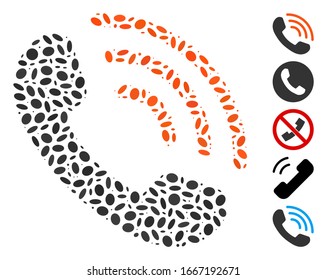 Mosaico distorsionado basado en llamadas telefónicas. La llamada de teléfono vector mosaico está compuesta por puntos ovales aleatorios. Se agregan iconos de bonificación.