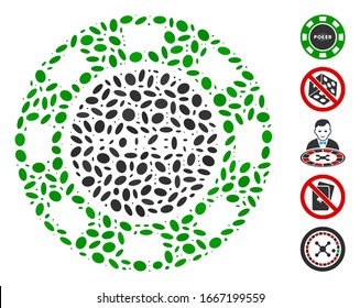 Dotted Mosaic based on poker casino chip. Mosaic vector poker casino chip is formed with scattered oval elements. Bonus icons are added.