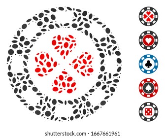 Dotted Mosaic basiert auf Poker Casino Chip. Mosaik Vektorillustration Poker Casino Chip wird mit verstreuten Ellipse Artikel erstellt. Bonussymbole werden hinzugefügt.