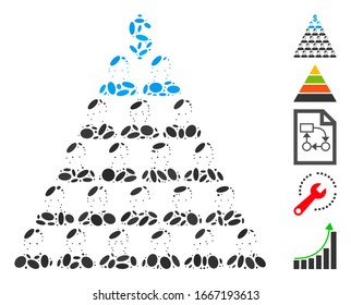 Dotted Mosaic based on Ponzi pyramid scheme. Mosaic vector Ponzi pyramid scheme is formed with random elliptic elements. Bonus icons are added.