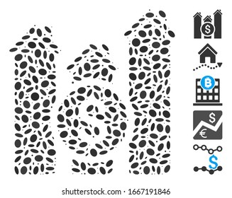 Dotted Mosaic based on realty price charts. Mosaic vector realty price charts is designed with random ellipse items. Bonus icons are added.