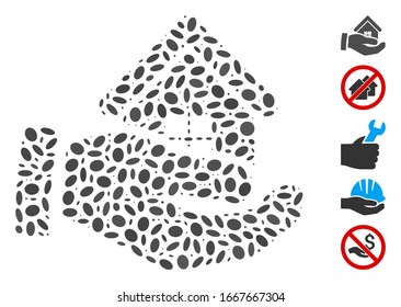 Mosaico distorsionado basado en la oferta real de mano. La mano de la oferta de vector mosaico está compuesta por objetos ovales dispersos. Se agregan iconos de bonificación.