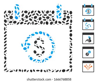 Dotted Mosaic based on refund calendar day. Mosaic vector refund calendar day is created with scattered ellipse spots. Bonus icons are added.